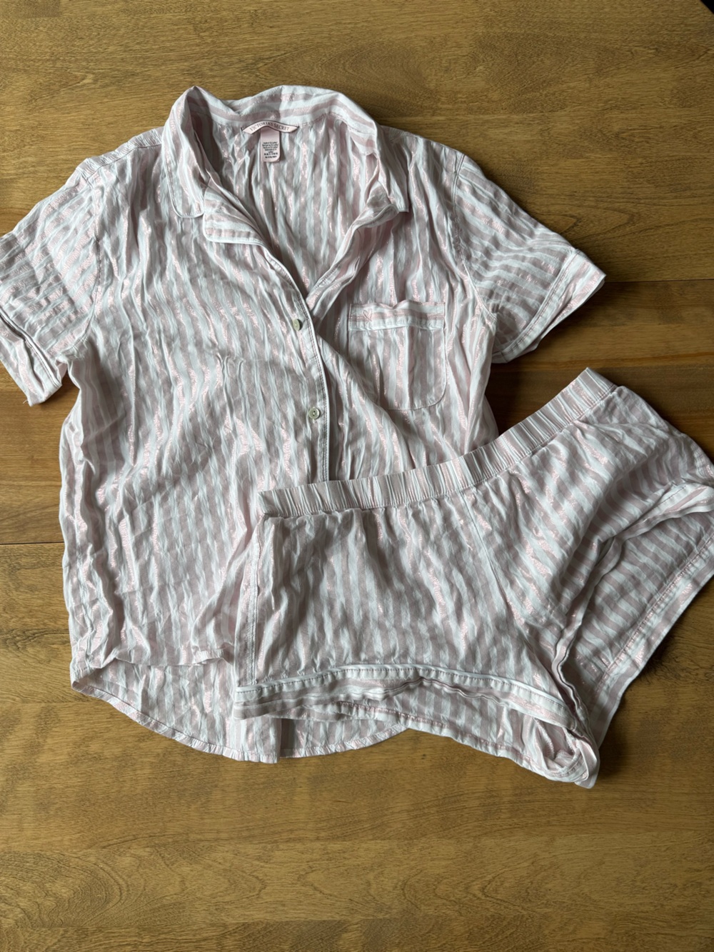 Victoria's Secret Pink and White Shimmer Striped Pajama Set